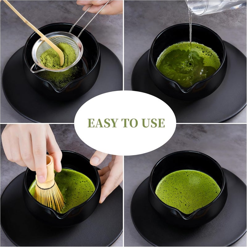 YIBO Matcha Whisk Set Black - Match Bowl with Spout and Whisk, Scoop, Sifter, Chasen Holder Measuring Spoon & Cup Kit for Matcha Tea Ceremony Tools - Image 3